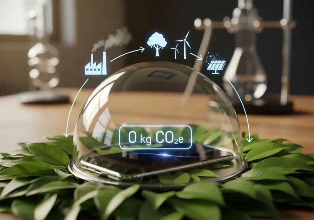 Dispositivo tecnológico rodeado por folhas verdes, mostrando zero kg de emissões de CO2 e símbolos de energia limpa e sustentabilidade, destacando produtos de carbono neutro.