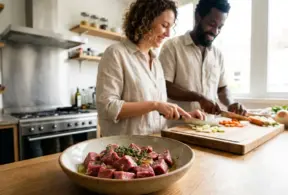 Pessoas cozinhando carne e vegetais em uma cozinha moderna, promovendo a nova geração da carne com pratos saudáveis e sustentáveis.