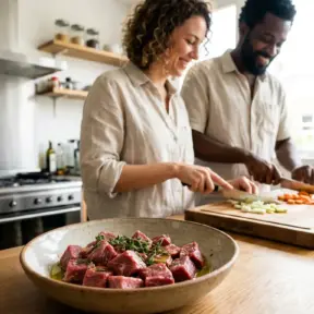 Pessoas cozinhando carne e vegetais em uma cozinha moderna, promovendo a nova geração da carne com pratos saudáveis e sustentáveis.