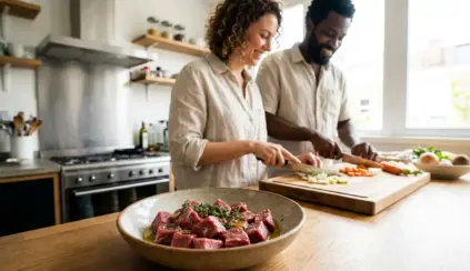 Pessoas cozinhando carne e vegetais em uma cozinha moderna, promovendo a nova geração da carne com pratos saudáveis e sustentáveis.