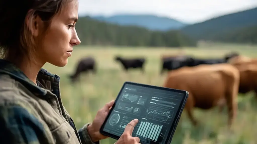 Agricultora utilizando uma tablet para acompanhar dados de rastreabilidade na fazenda com gado bovino ao fundo e cenário natural
