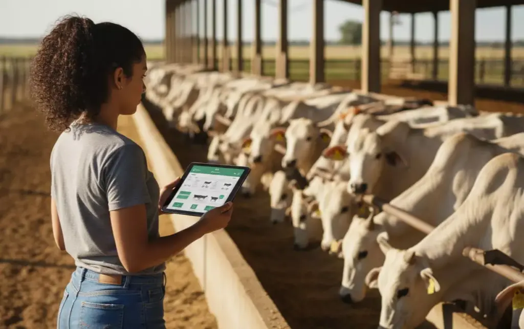 Jovem mulher usando tablet para gerenciar fazenda de gado