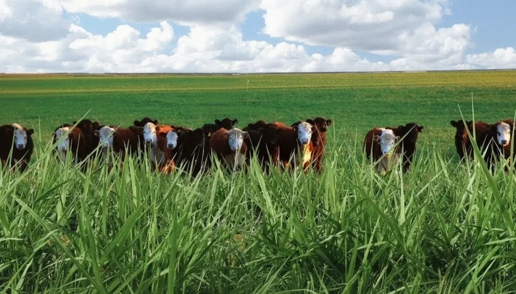 Bois pastando em um campo verde, refletindo a qualidade da carne produzida na fazenda