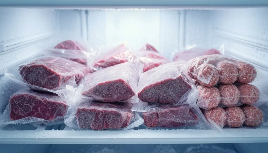 	
Imagem de carne congelada armazenada corretamente na geladeira para conservar carnes por mais tempo.