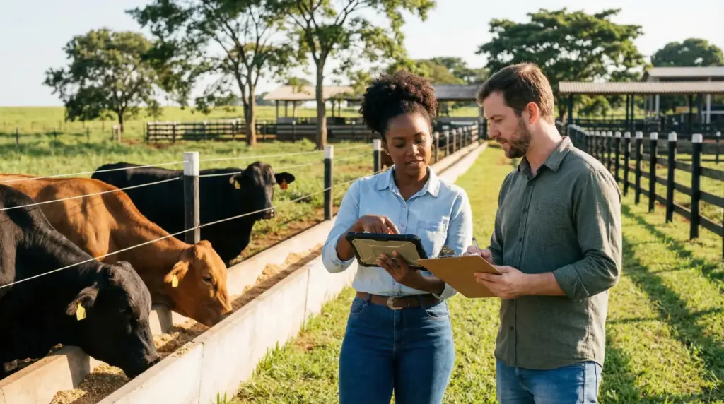 Dois profissionais analisando dados no campo de uma fazenda com gado, promovendo técnicas para produzir mais com menos