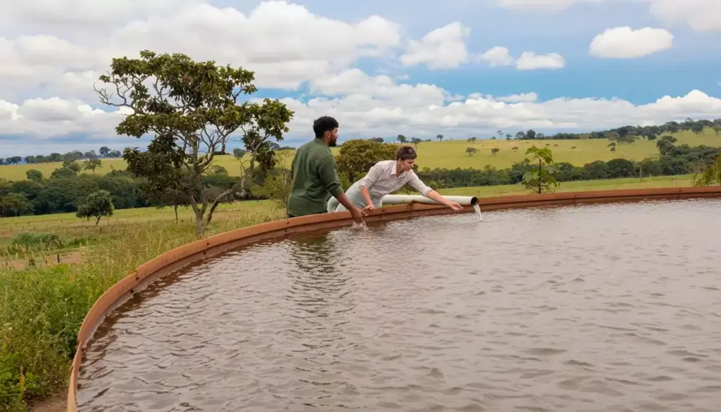 Duas pessoas observando uma estrutura de captação de água, destacando a importância da gestão hídrica sustentável