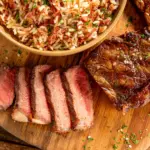 Cortes de chorizo ao ponto para malpassado servidos sobre tábua de madeira com guarnição de arroz com carne seca desfiada