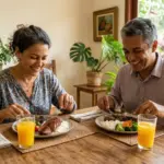 Casal sorridente almoçando prato com arroz, feijão, carne e legumes em representando o dia mundial da saúde.