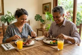 Casal sorridente almoçando prato com arroz, feijão, carne e legumes em representando o dia mundial da saúde.
