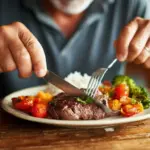Close das mãos de um homem usando garfo e faca para comer carne vermelha e vegetais, em artigo sobre alimentação e câncer.