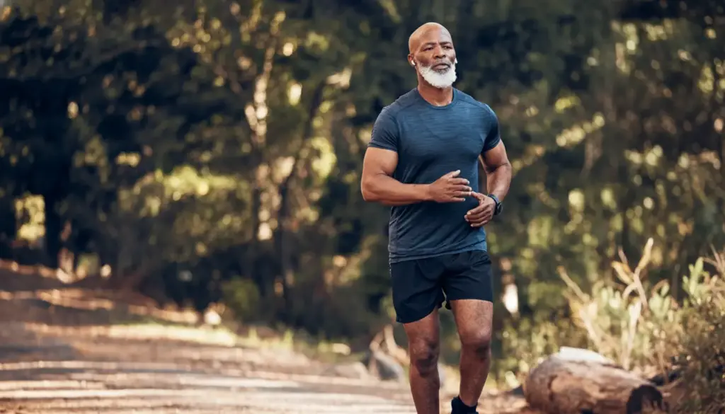Homem idoso saudável praticando corrida ao ar livre em meio à natureza, vestindo roupas de esporte