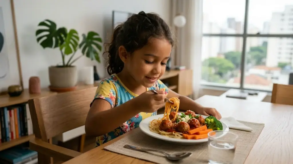 Criança comendo uma refeição saudável de macarrão, legumes e carne, simbolizando a importância da alimentação equilibrada para a saúde ao longo da vida, em celebração ao dia mundial da saúde.