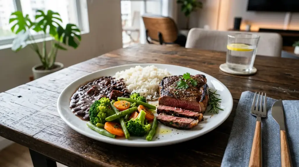 Prato saudável com carne, arroz, legumes e feijão, promovendo alimentação equilibrada para celebrar o Dia Mundial da Saúde.