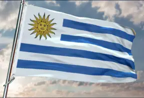 Bandeira do Uruguai hasteada sob céu nublado, representando as práticas de manejos de solo do país