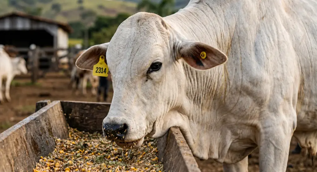 Boi branco em primeiro plano, com placa amarela no ouvido, alimentando-se em um curral com outros animais ao fundo