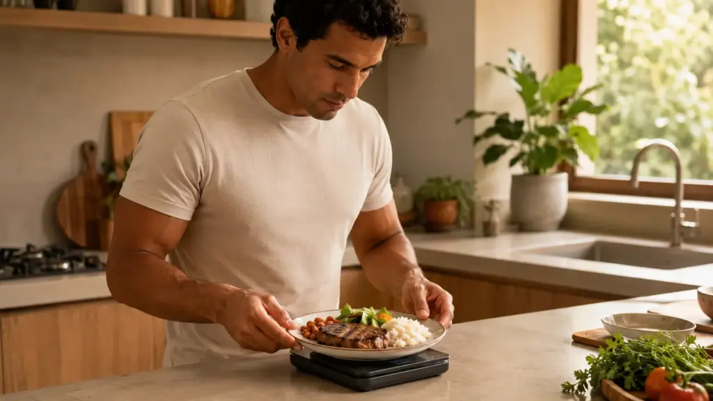 Homem preparando um prato de comida na cozinha, ajustando os ingredientes em uma frigideira/assadeira com legumes e carne; imagem associada a glp-1 para contexto de alimentação e estilo de vida saudável.