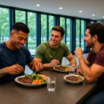 Três homens almoçam juntos em ambiente moderno, com pratos de comida e copos de água sobre a mesa, mostrando um momento de alimentação saudável