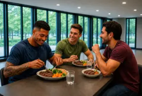 Três homens almoçam juntos em ambiente moderno, com pratos de comida e copos de água sobre a mesa, mostrando um momento de alimentação saudável