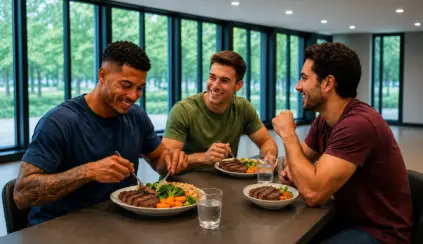 Três homens almoçam juntos em ambiente moderno, com pratos de comida e copos de água sobre a mesa, mostrando um momento de alimentação saudável
