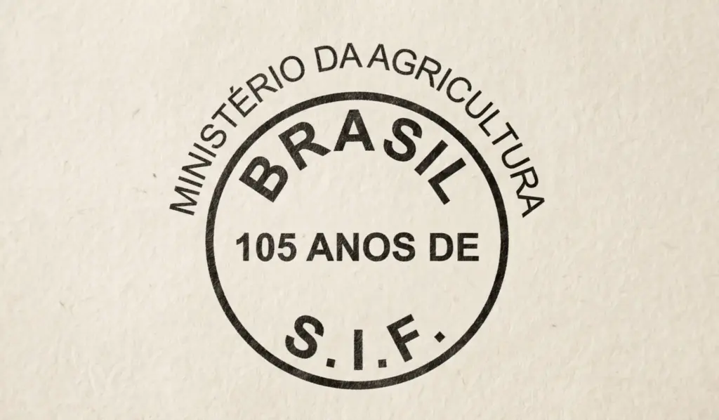 Logotipo do Ministério da Agricultura do Brasil celebrando 105 anos de S.I.F., símbolo oficial de inspeção de carnes e produtos agrícolas.