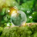 Ilustração de sustentabilidade com a Terra em destaque sobre um solo verde e ícones ambientais e energéticos, como reciclagem, energia solar e redução de CO2