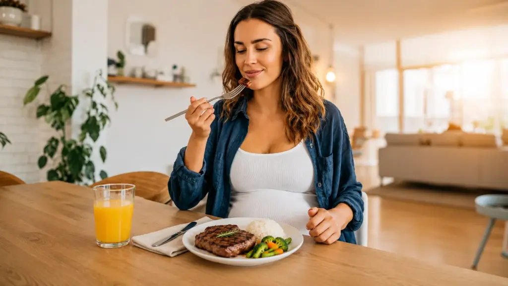 Mulher gravida sentada à mesa na cozinha, cortando e comendo um bife servido na forma de carne mal passada, com acompanhamento de legumes e um copo de suco ao lado.