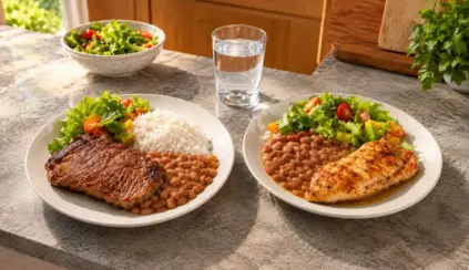 Duas refeições servidas em pratos: à esquerda carne bovina com feijão e arroz, e à direita frango grelhado com feijão, salada e legumes, em mesa com água e folhas verdes