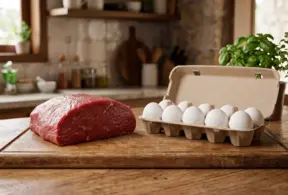 Carne bovina x ovos: bife cru em uma tábua de madeira ao lado de uma bandeja com ovos brancos em uma cozinha aconchegante, com plantas ao fundo.