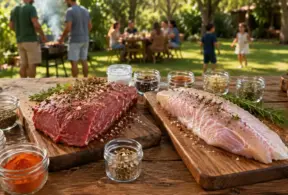 Carne bovina x peixe preparados para churrasco ao ar livre em uma tábua de madeira com temperos e ervas, ao fundo pessoas em um jardim