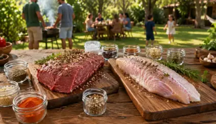 Carne bovina x peixe preparados para churrasco ao ar livre em uma tábua de madeira com temperos e ervas, ao fundo pessoas em um jardim