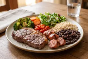 Carne vermelha x carne processada quais são as diferençasCarne vermelha x carne processada quais são as diferenças: Prato com carne vermelha e carne processada acompanhado de feijão preto, legumes e salada, em mesa de madeira durante refeição