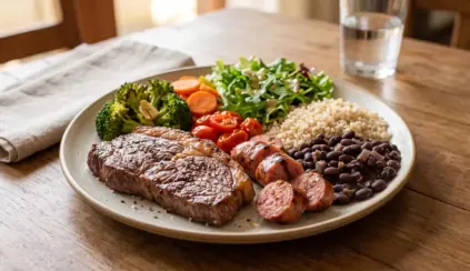Carne vermelha x carne processada quais são as diferençasCarne vermelha x carne processada quais são as diferenças: Prato com carne vermelha e carne processada acompanhado de feijão preto, legumes e salada, em mesa de madeira durante refeição