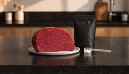 Carne vermelha em fatia em um prato ao lado de um sachê de suplemento de creatina, destacando a diferença entre creatina natural da carne x creatina