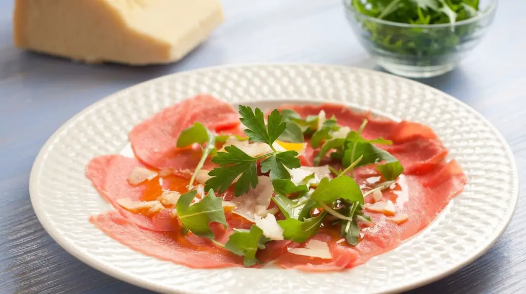 Prato com carne crua fatiada tipo carpaccio, servida com folhas de rúcula e raminhos de salsinha, ao lado de queijo e ervas em fundo claro.