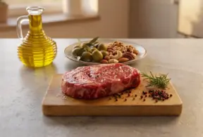 Gordura animal x gordura vegetal: bife cru sobre tábua de madeira com ervas e pimenta, ao lado de um recipiente com azeite e uma tigela com grãos e azeitonas na bancada da cozinha.