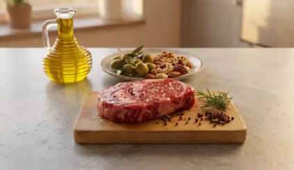 Gordura animal x gordura vegetal: bife cru sobre tábua de madeira com ervas e pimenta, ao lado de um recipiente com azeite e uma tigela com grãos e azeitonas na bancada da cozinha.