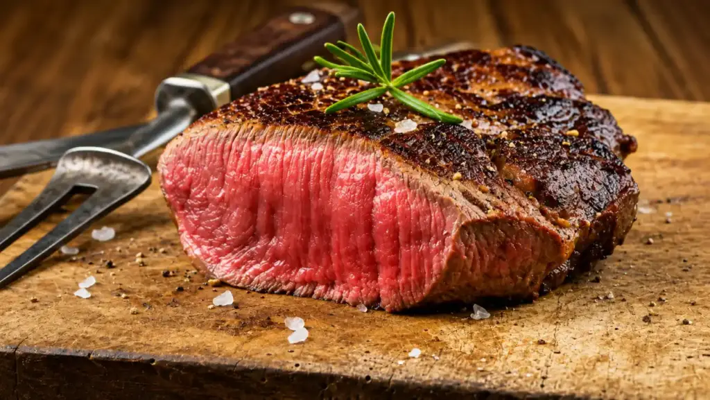 Bife suculento na chapa com aspecto mal passado, tomate-ervas e pimenta-do-reino sobre tábua de madeira; destaque para o centro rosado, tema carne mal passada faz mal.