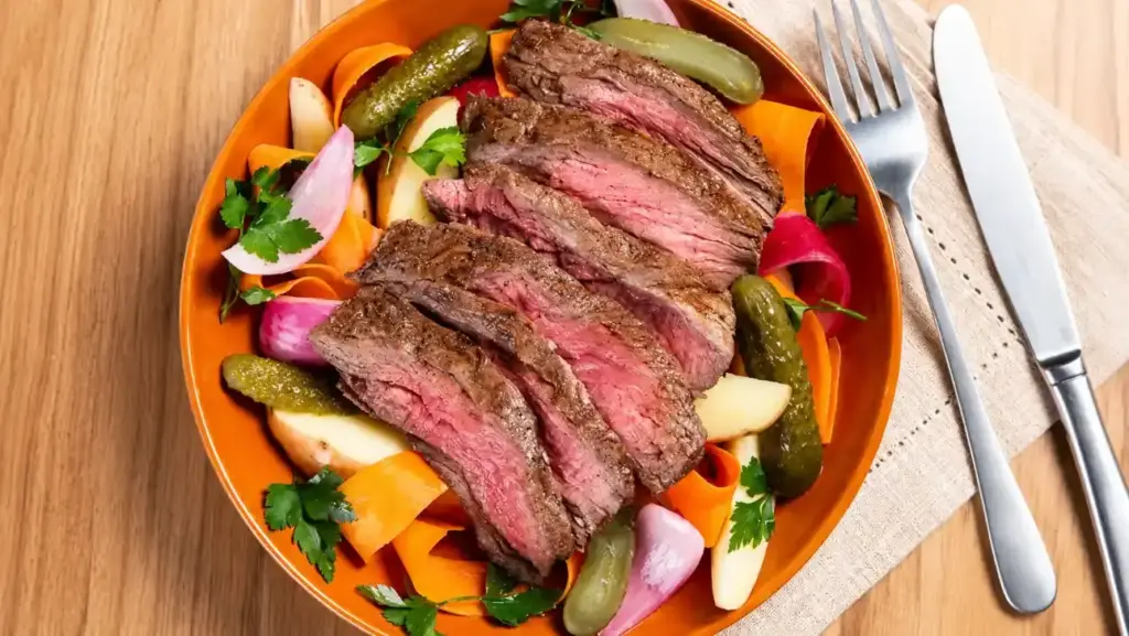 Prato com carne assada em fatias servido com legumes coloridos. 