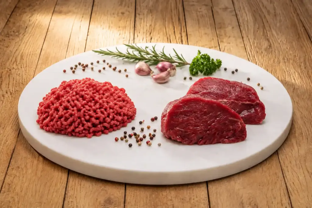 Carne bovina crua em porções no prato branco: carne moída vermelha e cortes de carne em pedaços