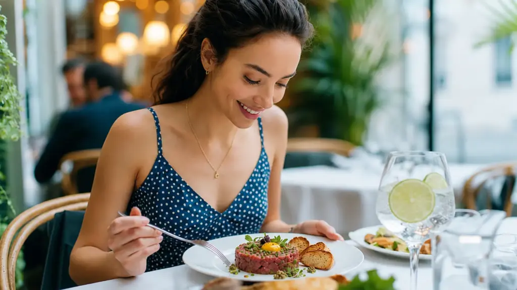 Mulher em restaurante degustando prato com carne bovina servida com salada e fatias de pão