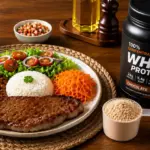 Prato com alimentos industrializados e ultraprocessados acompanhado de whey protein de chocolate e ingredientes na bancada, com temperos e porção de proteína em pó ao lado.