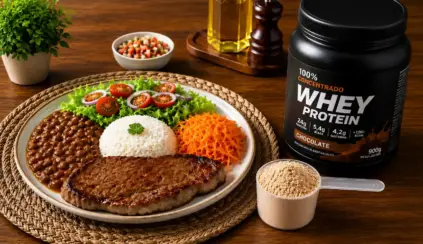 Prato com alimentos industrializados e ultraprocessados acompanhado de whey protein de chocolate e ingredientes na bancada, com temperos e porção de proteína em pó ao lado.