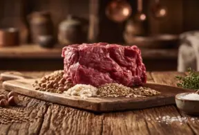 Proteína de alto valor biológico e proteína incompleta: peça de carne crua sobre tábua de madeira com sementes e temperos em cenário culinário rústico