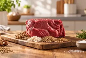 Proteína de alto valor biológico e proteína incompleta: peça de carne crua sobre tábua de madeira com sementes e temperos em cenário culinário rústico.