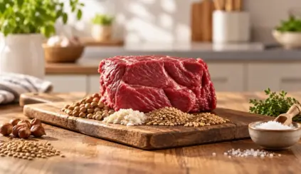 Proteína de alto valor biológico e proteína incompleta: peça de carne crua sobre tábua de madeira com sementes e temperos em cenário culinário rústico.