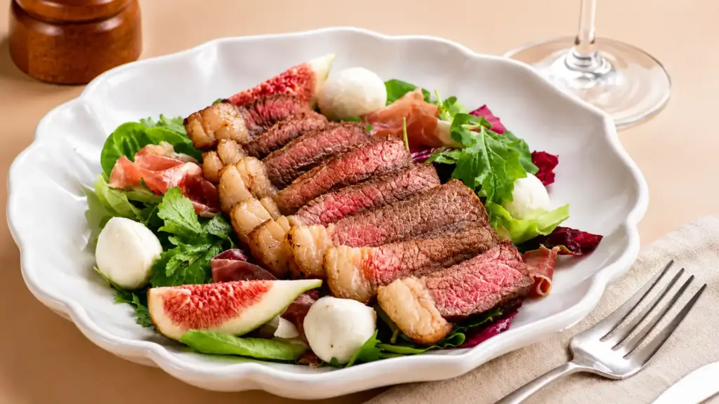 Salada com lâminas de carne bovina, alface, rúcula, figo, mozzarella de búfala, presunto cru e temperos em um prato branco, associada a uma alimentação rica em proteínas para ajudar na prevenção da sarcopenia.