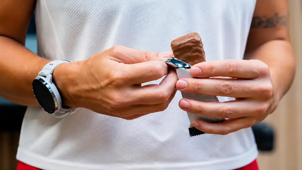 Pessoa segurando uma barra de chocolate com papel alumínio aberta, ideia de dieta dos jogadores de futebol com escolhas alimentares e controle de porções durante o treino.