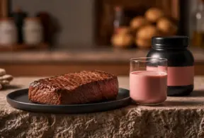 Carne bovina em pedaço ao lado de um copo com bebida rosada e um pote de suplemento, sugerindo a comparação Carne bovina x whey protein na bancada da cozinha.