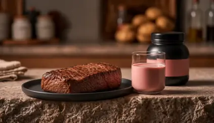 Carne bovina em pedaço ao lado de um copo com bebida rosada e um pote de suplemento, sugerindo a comparação Carne bovina x whey protein na bancada da cozinha.