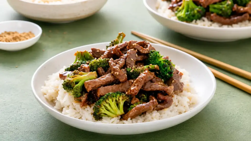 Prato de arroz com legumes e carne salteada, como brócolis e brócolis-rabe, associado às novas diretrizes alimentares da China
